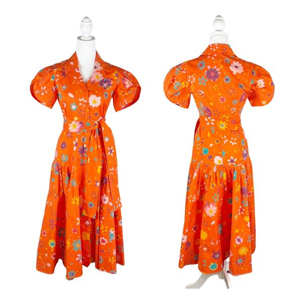 LHD Floral Cotton Poplin Midi Dress 0 Orange NEW - Picture 2 of 10